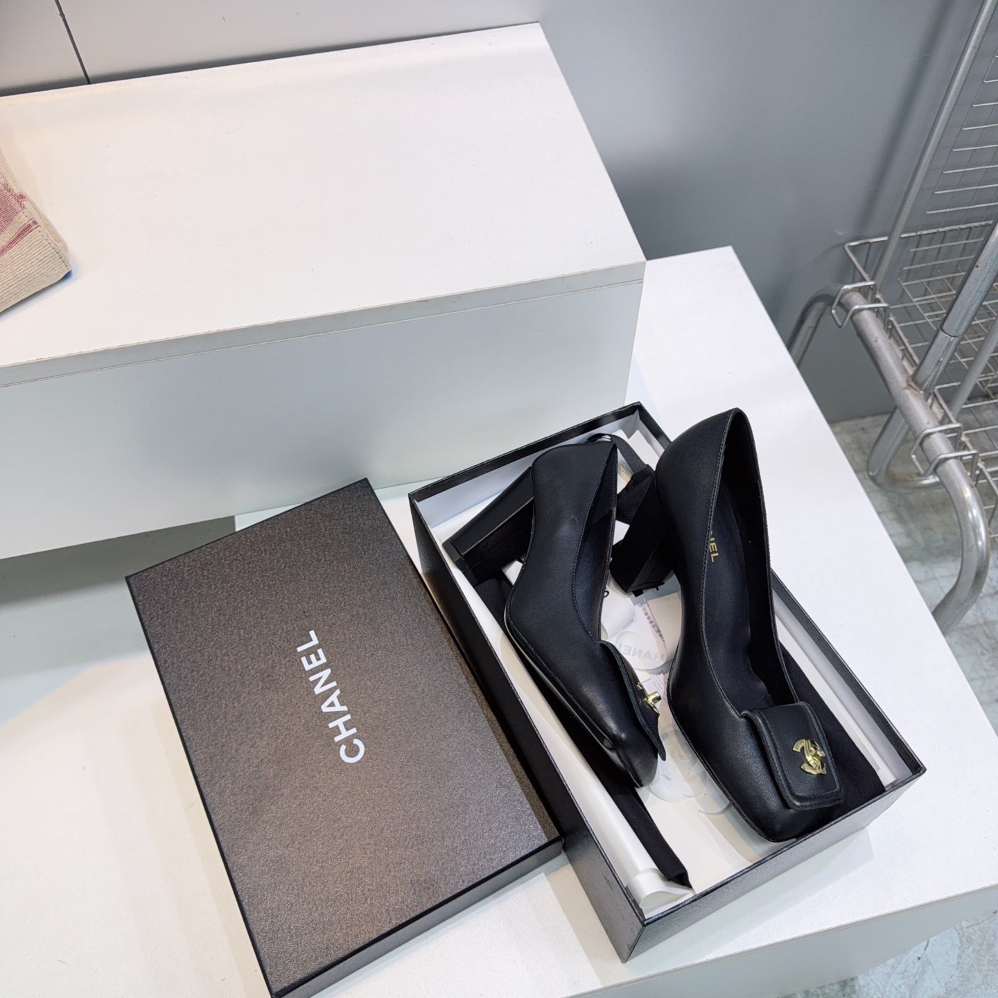 CHANEL 26S SQUARE-TOE HIGH HEELS 95 MM IN BLACK LAMBSKIN
