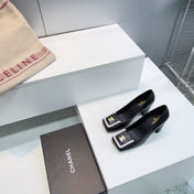 CHANEL 26S SQUARE-TOE HIGH HEELS 95 MM IN BLACK WITH WHITE TRIM LAMBSKIN