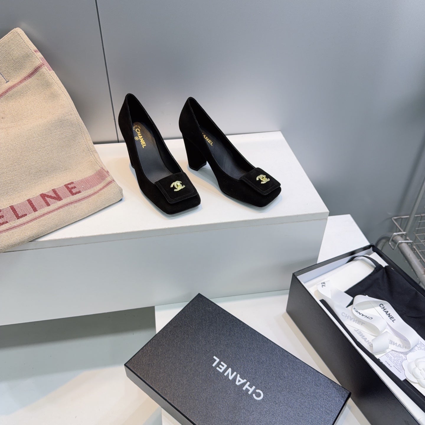 CHANEL 26S SQUARE-TOE HIGH HEELS 95 MM IN BLACK SUEDE