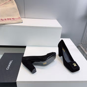 CHANEL 26S SQUARE-TOE HIGH HEELS 95 MM IN BLACK SUEDE