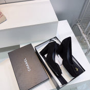 CHANEL 26S SQUARE-TOE HIGH HEELS 95 MM IN BLACK SUEDE