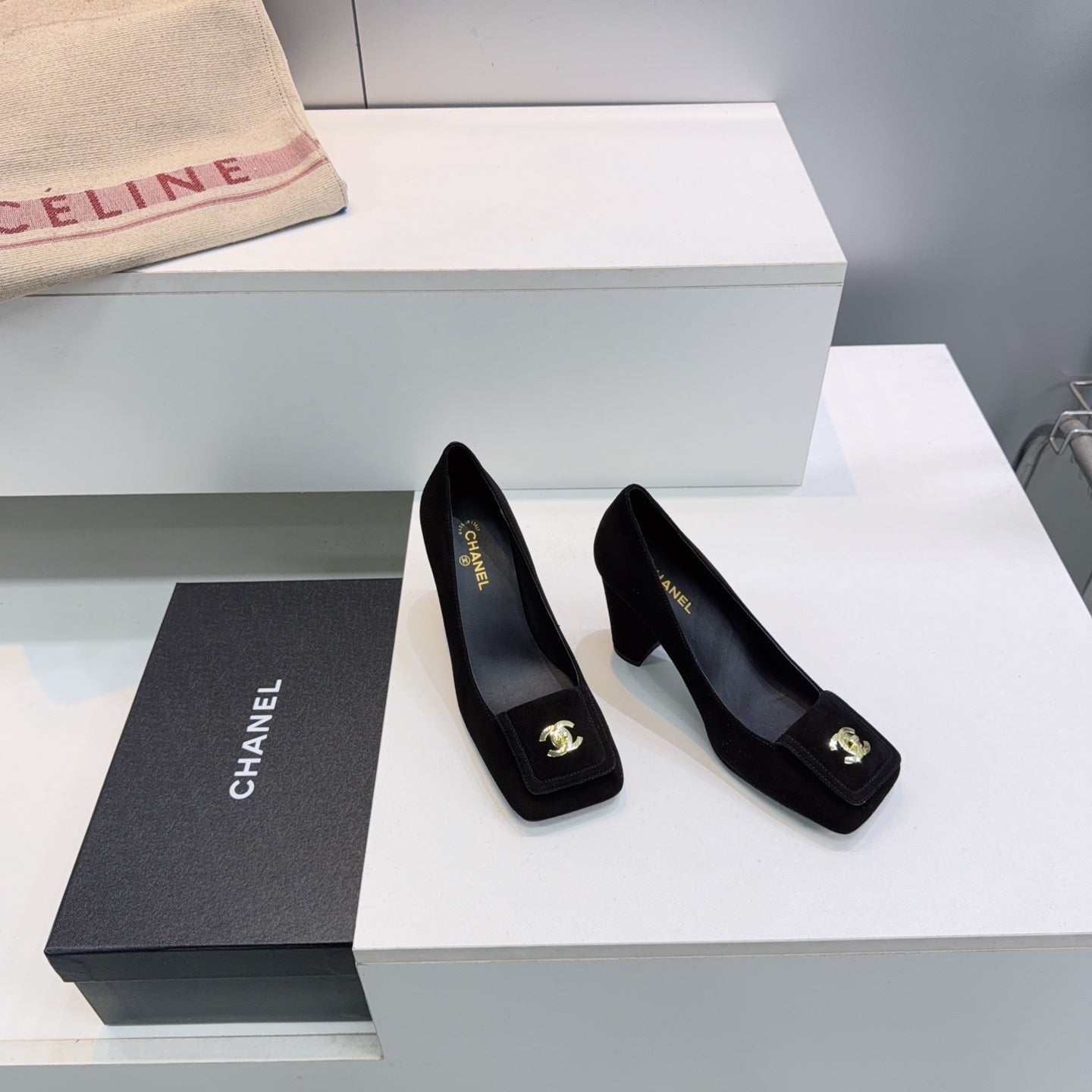 CHANEL 26S SQUARE-TOE HIGH HEELS 95 MM IN BLACK SUEDE