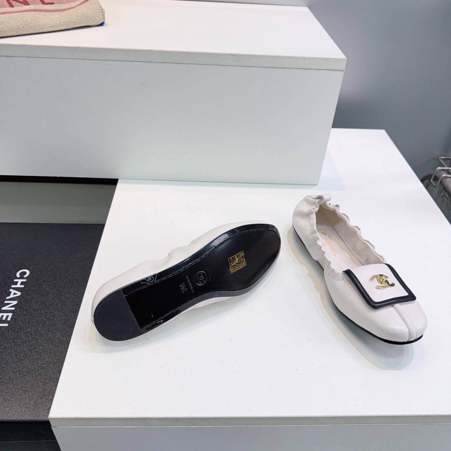 CHANEL 26S BALLERINA FLATS IN WHITE WITH BLACK TRIM LAMBSKIN
