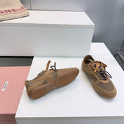 MIUMIU 26S SNEAKERS IN CARAMEL BROWN MESH AND SUEDE