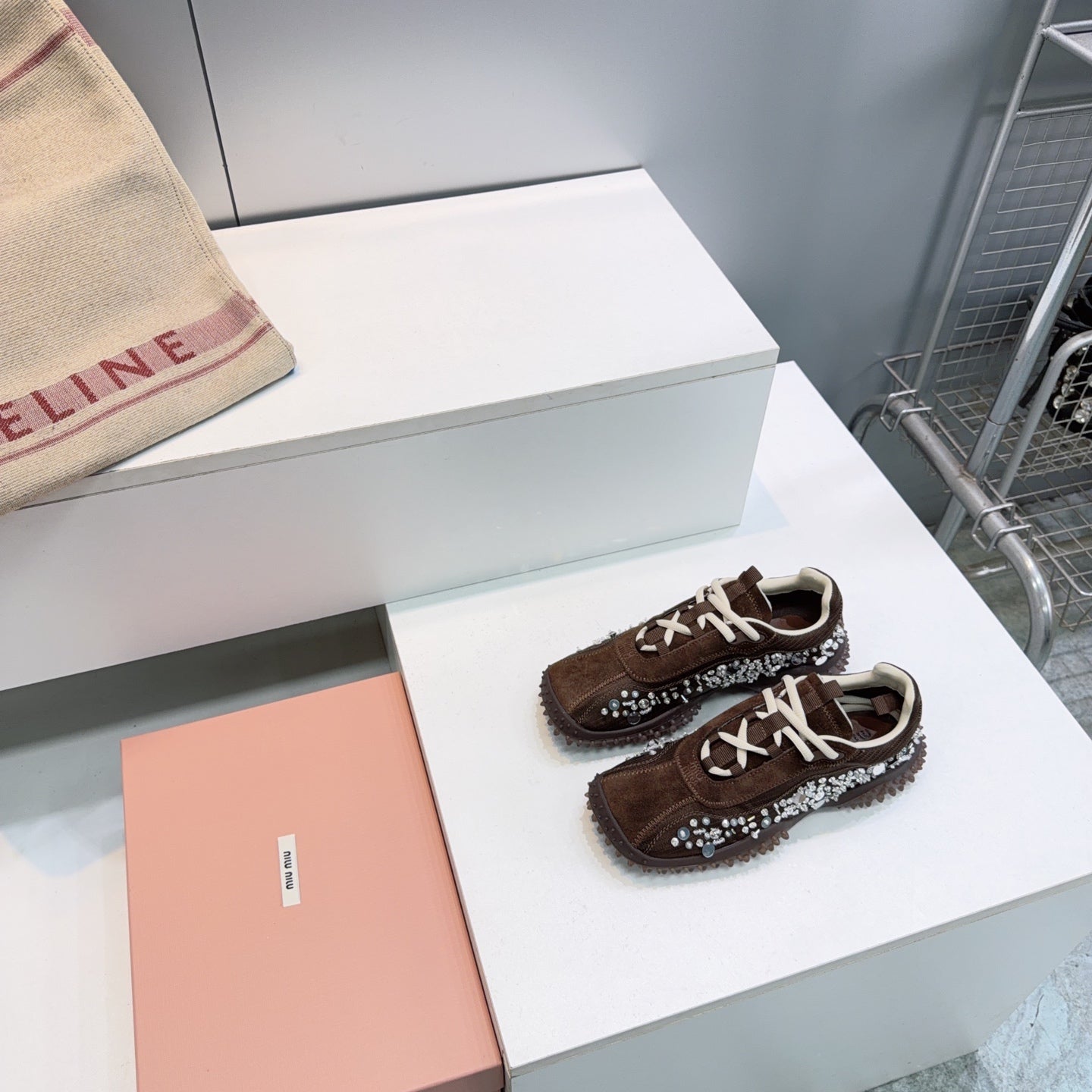 MIUMIU 26S SNEAKERS IN DARK BROWN FABRIC AND SUEDE CRYSTAL EMBELLISHED
