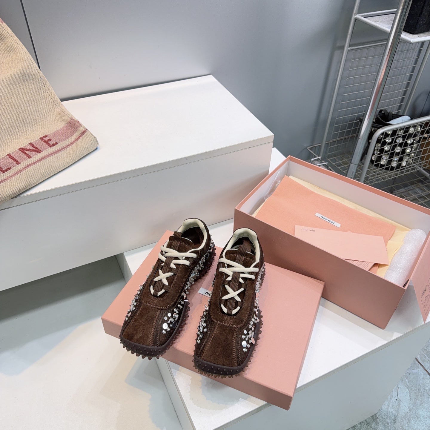 MIUMIU 26S SNEAKERS IN DARK BROWN FABRIC AND SUEDE CRYSTAL EMBELLISHED