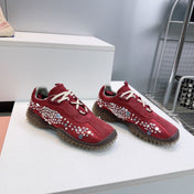 MIUMIU 26S SNEAKERS IN DARK RED FABRIC AND SUEDE CRYSTAL EMBELLISHED