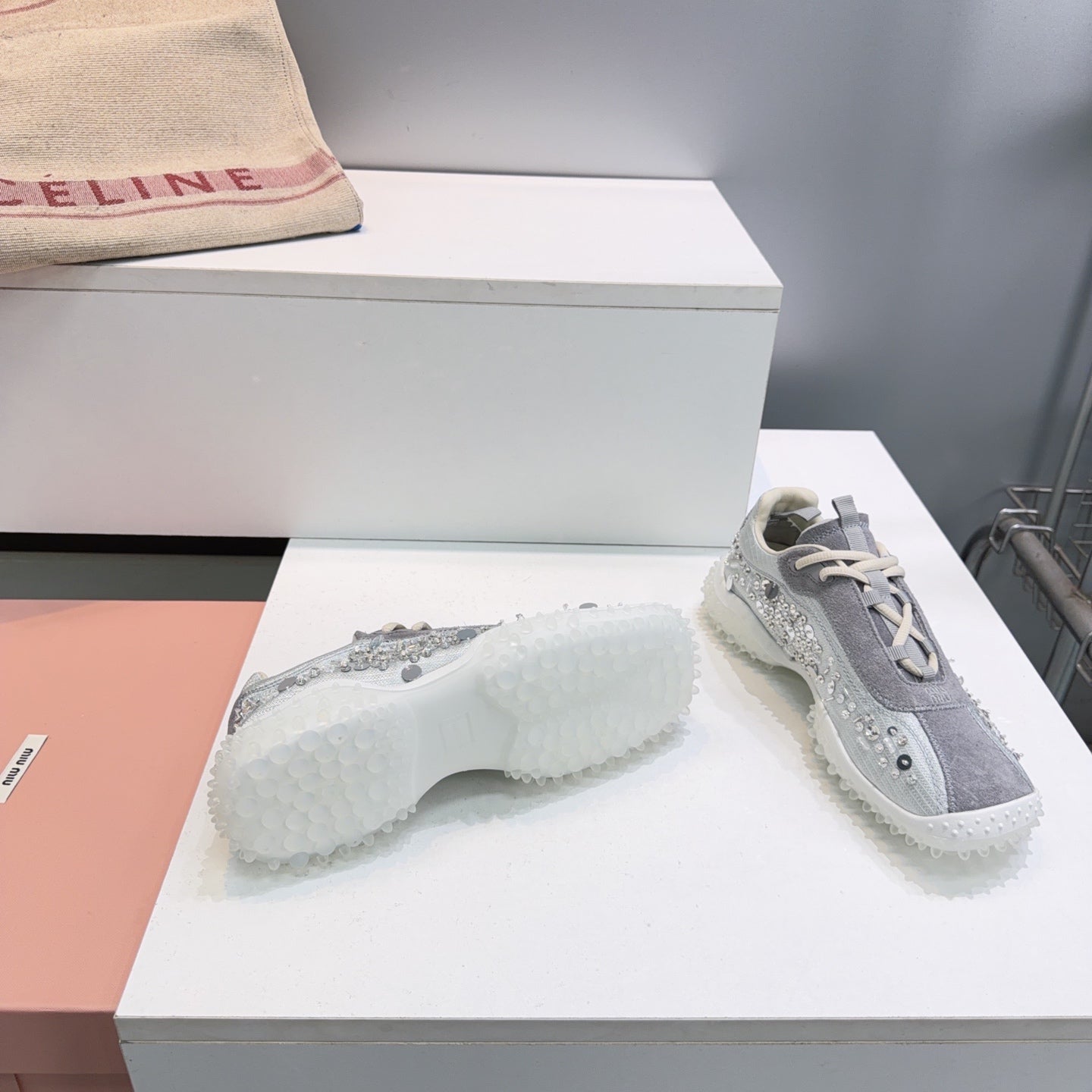 MIUMIU 26S SNEAKERS IN LIGHT GREY FABRIC AND SUEDE CRYSTAL EMBELLISHED