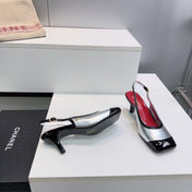 CHANEL 26S HIGH HEEL SLINGBACK PUMPS 65 MM IN BLACK AND SILVER LAMBSKIN