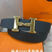 HM H BELT BUCKLE & REVERSIBLE BLACK LEATHER STRAP 38MM GOLD HARDWARE