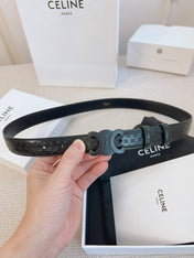 CELINE 25S BELT TRIOMPHE 25MM IN BLACK CALFSKIN DEBOSSED LOGO 563330