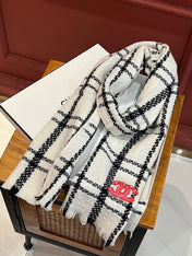SCARF 190 CM IN WHITE MIX BLACK CASHMERE WITH RED LOGO 396472