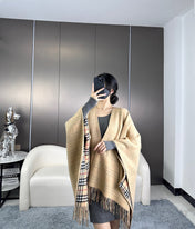 BURBERRY 26S REVERSIBLE CHECK FRINGED CAPE 150CM IN CASHMERE 309445
