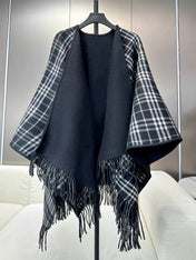 BURBERRY 26S REVERSIBLE CHECK FRINGED CAPE 150CM IN CASHMERE 309446