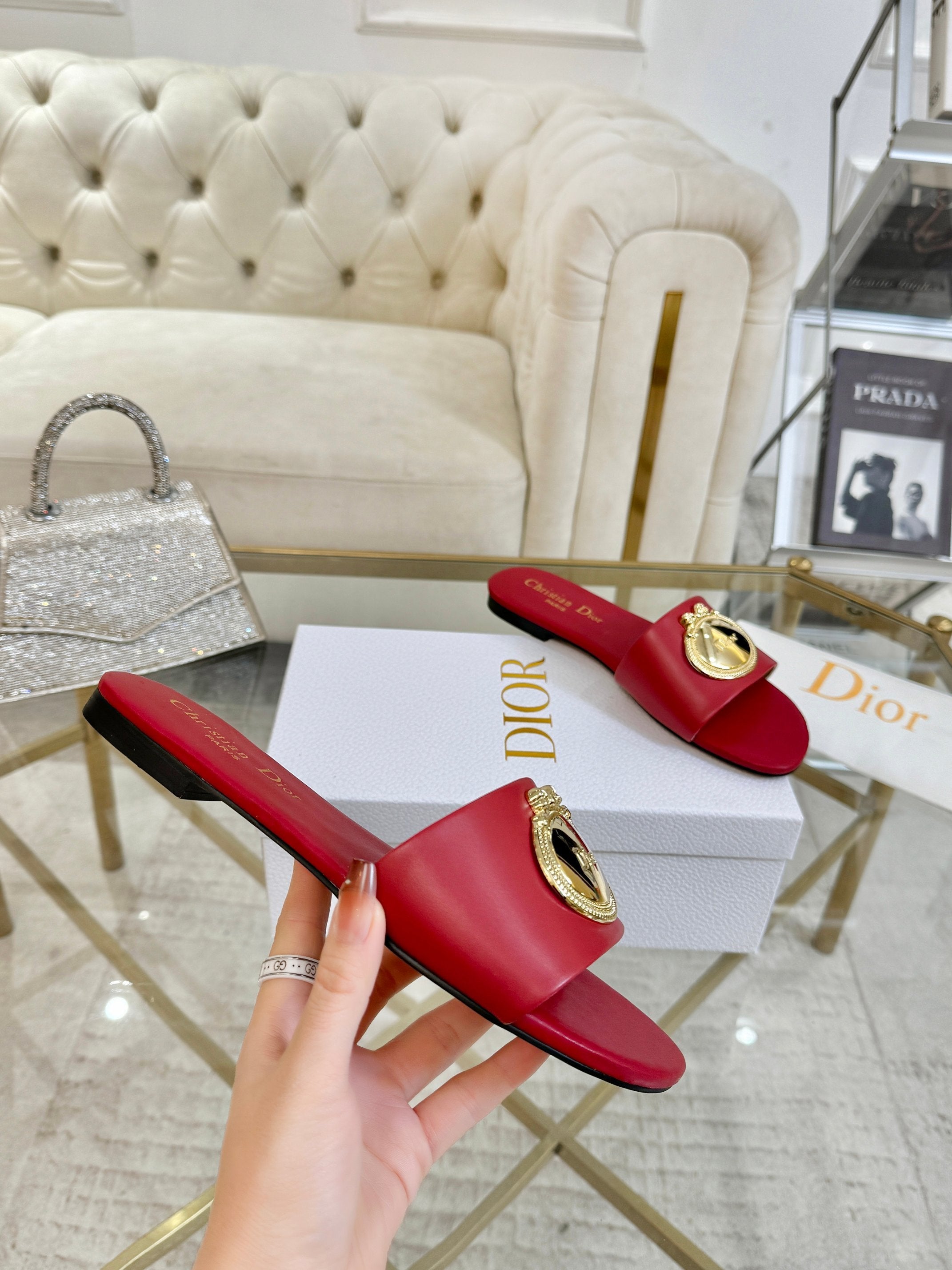 DIOR 26S  FLAT SLIDE SANDALS IN DARK RED CALFSKIN WITH GOLD HARDWARE