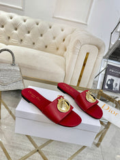 DIOR 26S  FLAT SLIDE SANDALS IN DARK RED CALFSKIN WITH GOLD HARDWARE
