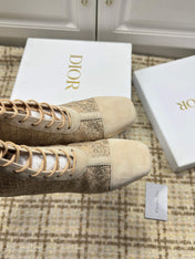DIOR 26S LACE UP ANKLE BOOTS 35MM IN BEIGE LACE SUEDE BLOCK HEEL