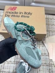 MIUMIU 26S NEW BALANCE SNEAKER MULES IN MINT GREEN SUEDE AND MESH
