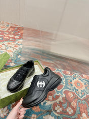 GG RHYTON TRAINER BLACK CALFSKIN WITH WHITE LOGO