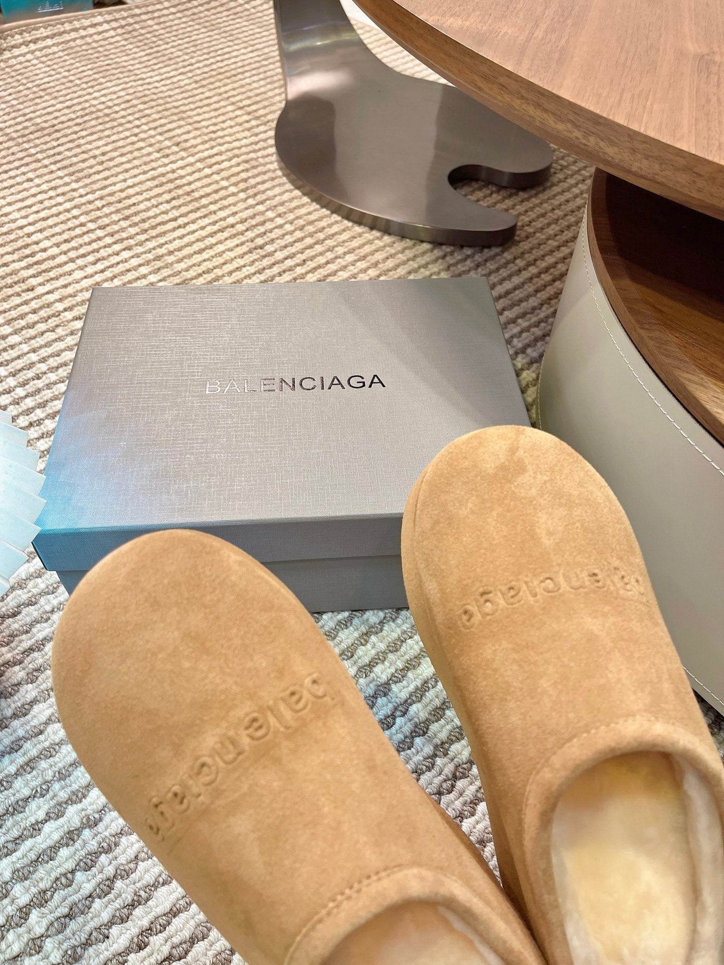 BALENCIAGA 25S AURALEE SLIP-ON 50 MM IN WARM BEIGE BROWN SUEDE