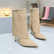 BALMAIN 26S MONOGRAM BOOTS 105 MM IN NUDE BEIGE JACQUARD-WOVEN CANVAS