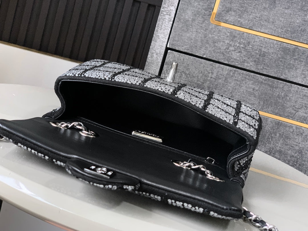CHANEL 26S CLASSIC FLAP BAG 20 IN BLACK AND WHITE CRYSTAL