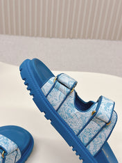 DIOR CLASSIC DOUBLE-STRAP SLIDES 25S IN OCEAN BLUE FABRIC AND CALFSKIN