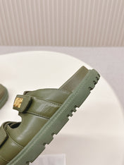 DIOR CLASSIC DOUBLE-STRAP SLIDES 25S IN MOSS GREEN CALFSKIN