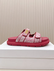 DIOR CLASSIC DOUBLE-STRAP SLIDES 25S IN DARK PINK FABRIC AND CALFSKIN