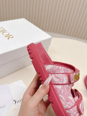 DIOR CLASSIC DOUBLE-STRAP SLIDES 25S IN DARK PINK FABRIC AND CALFSKIN