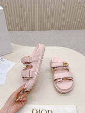 DIOR CLASSIC DOUBLE-STRAP SLIDES 25S IN PASTEL PINK CALFSKIN WITH GOLD HARDWARE