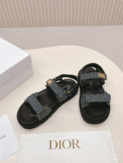 DIOR BACK-STRAP SANDALS 25S IN SLATE BLUE GRAY FABRIC AND BLACK CALFSKIN WITH GOLD HARDWARE