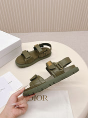 DIOR BACK-STRAP SANDALS 25S IN MOSS GREEN CALFSKIN WITH GOLD HARDWARE