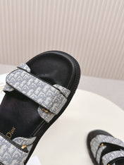 DIOR BACK-STRAP SANDALS 25S IN GREY FABRIC AND BLACK CALFSKIN WITH GOLD HARDWARE