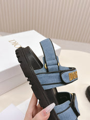 DIOR BACK-STRAP SANDALS 25S IN BLUE DENIM AND BLACK CALFSKIN WITH GOLD HARDWARE