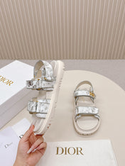 DIOR BACK-STRAP SANDALS 25S IN CREAM WHITE AND SILVER CALFSKIN WITH BUTTERFLY MOTIF