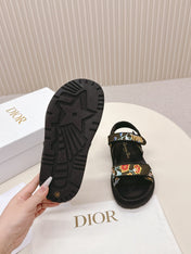DIOR BACK-STRAP SANDALS 25S IN MOSS GREEN AND BLACK CALFSKIN EMBROIDERED WITH PETITES FLEURS