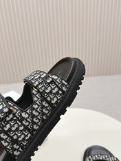 DIOR CLASSIC DOUBLE-STRAP SLIDES 25S IN BLACK FABRIC AND CALFSKIN