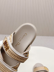 DIOR CLASSIC DOUBLE-STRAP SLIDES 25S IN BEIGE RAFFIA AND TAUPE BEIGE CALFSKIN
