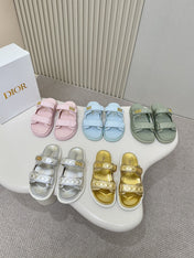 DIOR CLASSIC DOUBLE-STRAP SLIDES 25S IN PALE TEAL GRAY CALFSKIN