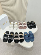 DIOR CLASSIC DOUBLE-STRAP SLIDES 25S IN NAVY BLUE TWEED AND CALFSKIN