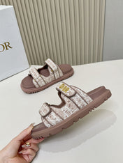DIOR CLASSIC DOUBLE-STRAP SLIDES 25S IN ROSE BROWN TWEED AND CALFSKIN