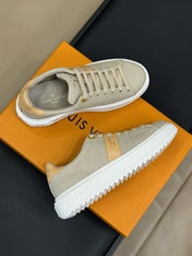LV TIME OUT SNEAKER IN PASTEL GRAY MIX MACAROON GOLD CANVAS