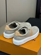 LV TIME OUT SNEAKER IN PASTEL GRAY MIX MACAROON GOLD CANVAS