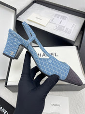 CC SLINGBACK 25S 65 MM IN BLUE DENIM WITH PLAID PATTERN