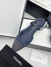 CC SLINGBACK 25S 25 MM IN NAVY BLUE DENIM WITH PLAID PATTERN