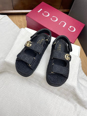 GG CLASSIC SANDALS 25S IN BLACK FABRIC WITH GOLD HARDWARE