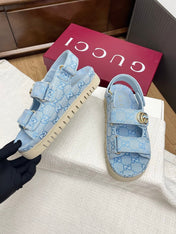 GG CLASSIC SANDALS 25S IN SKY BLUE FABRIC WITH GOLD HARDWARE