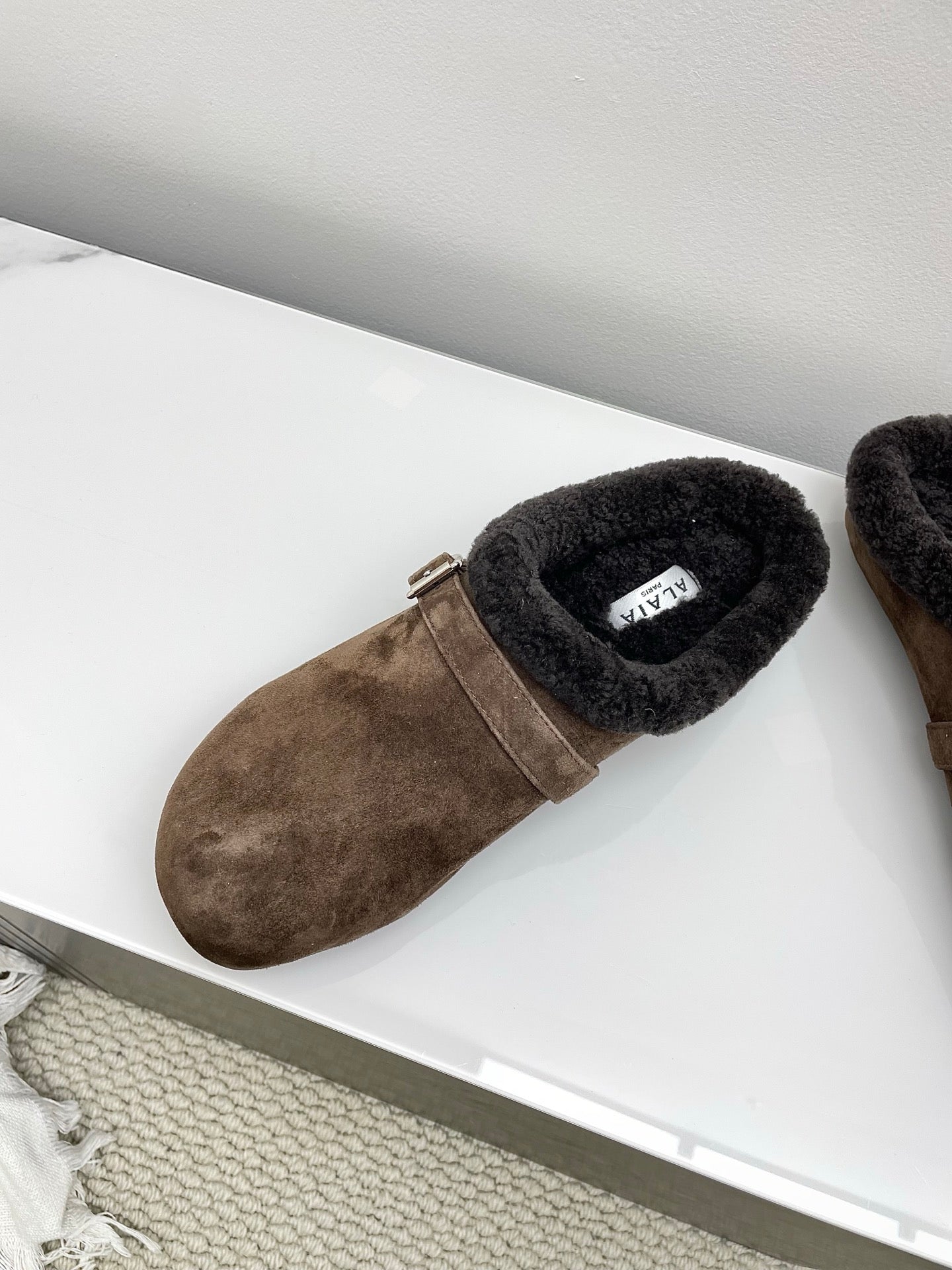 ALAIA 26S MULE IN DARK BROWN SUEDE AND WOOL