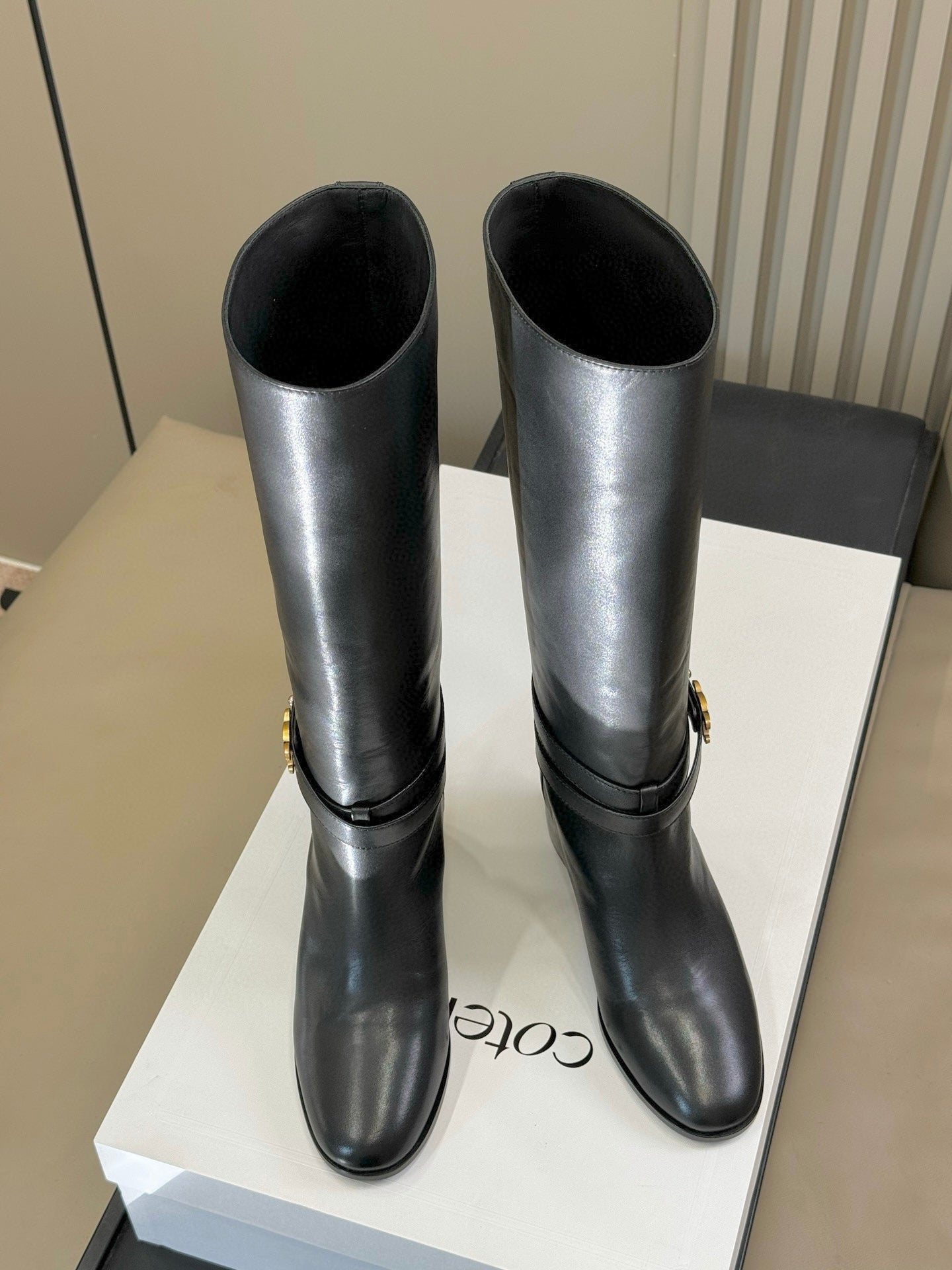 CELINE 26S HIGH-TOP HEELED BOOTS IN BLACK CALFSKIN